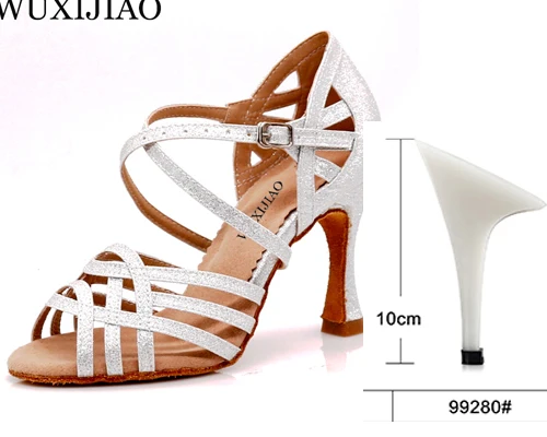 silver heel 10cm WUXIJIAO Women Party Dance Shoes Satin Shining rhinestones Soft Bottom Latin Dance Shoes Woman Salsa Dance Shoes heel5CM-10CM - Цвет: silver heel 10cm