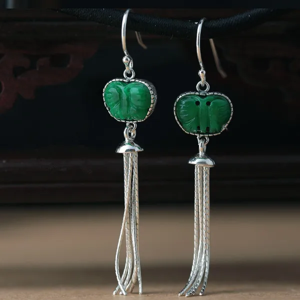 

Cmajor 925 sterling-silver-jewelry dark green stone drop earrings long tassels earrings for women