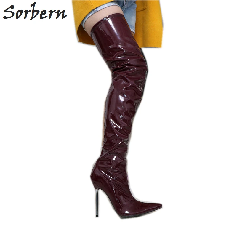 Sorbern Stilettos Metal High Heel Boots For Women Shiny Stretched Crotch Show Boot Sexy Fetish Thigh High Boots Women Pointy Toe