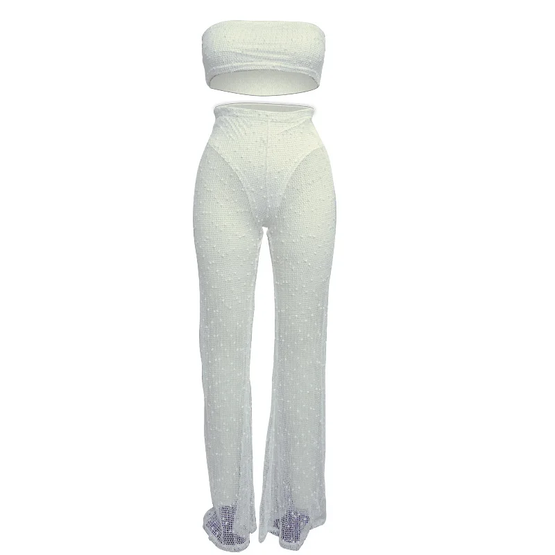 

Women Matching Set Two Piece Wide Leg Pants Set Sexy Outfit Hollow Out Knitted 2 Piece Set Strapless Tube Top and Pants Suit