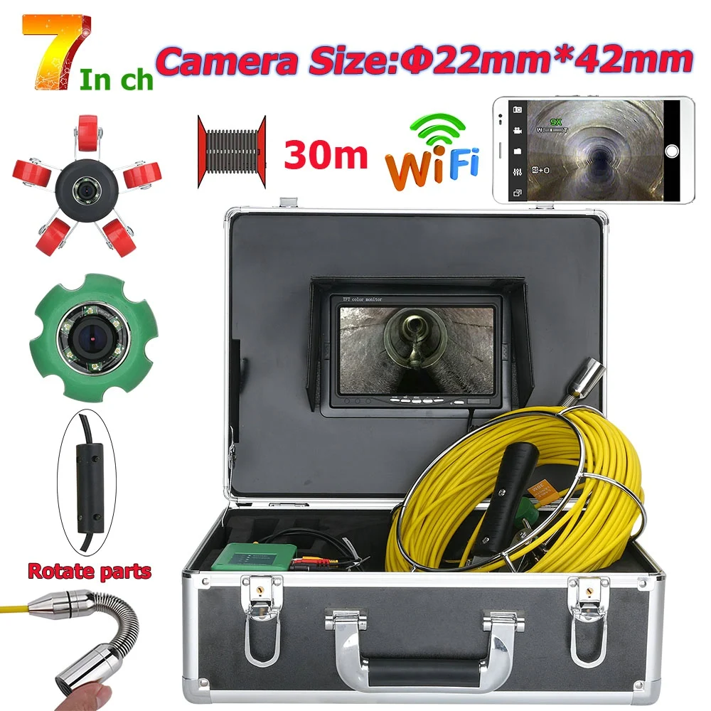 

7inch WiFi Wireless DVR 22mm Drain Pipe Sewer Inspection Camera System 20M 30M 40M Waterproof Camera 1000 TVL with 6W LED Lights