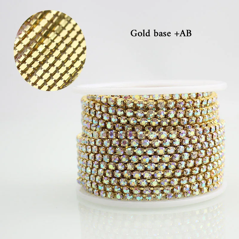Gold base AB SS6 2 мм 10 ярдов/рулон Золотая основа или Серебряная основа новые предложения Хрустальные Стразы DIY Аксессуары Закрытые Стразы цепочка - Цвет: Gold base AB