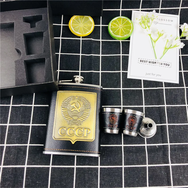 Bpa free 8 унций обернутая искусственной кожей бутылка для виски Cccp Воронка FLAGON нержавеющая сталь водка чашка спирт бедра фляжка набор с подарочной коробкой