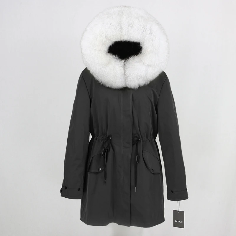 black white OFTBUY, зимняя женская куртка, пальто из натурального меха, длинная парка, воротник из натурального меха енота, капюшон, водонепроницаемая верхняя одежда, теплая уличная одежда - Цвет: black white