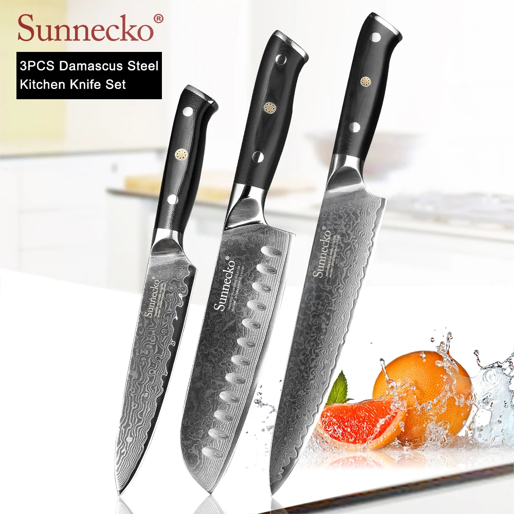 SUNNECKO дамасский нож шеф-повара Santoku для нарезки овощей нож для стейка нож для хлеба Дамасская сталь набор кухонных ножей G10 Ручка