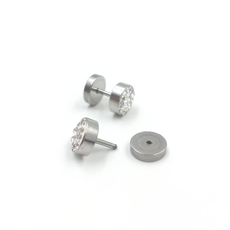 Hot 1Pair Black/Silver Color Men Barbell Punk Ear Studs Trendy Round Stainless Steel Crystal Rhinestone Stud Earrings For |