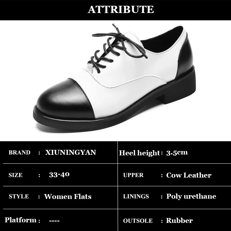 

Women's Flats Fashion Round Toe Black White Genuine Leather Oxford Shoes Woman Lace Up High Quality Handmade Ladies Casual Flats