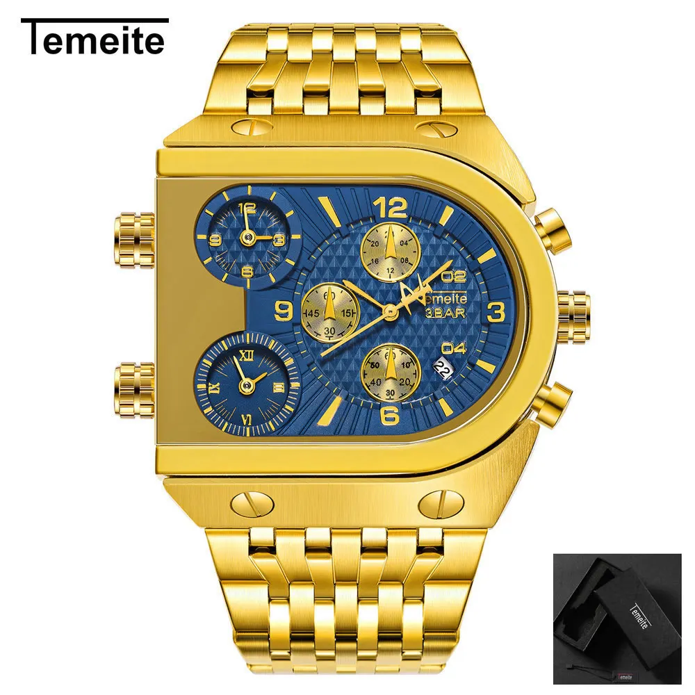 Роскошные золотые мужские часы с большим циферблатом кварцевые наручные из