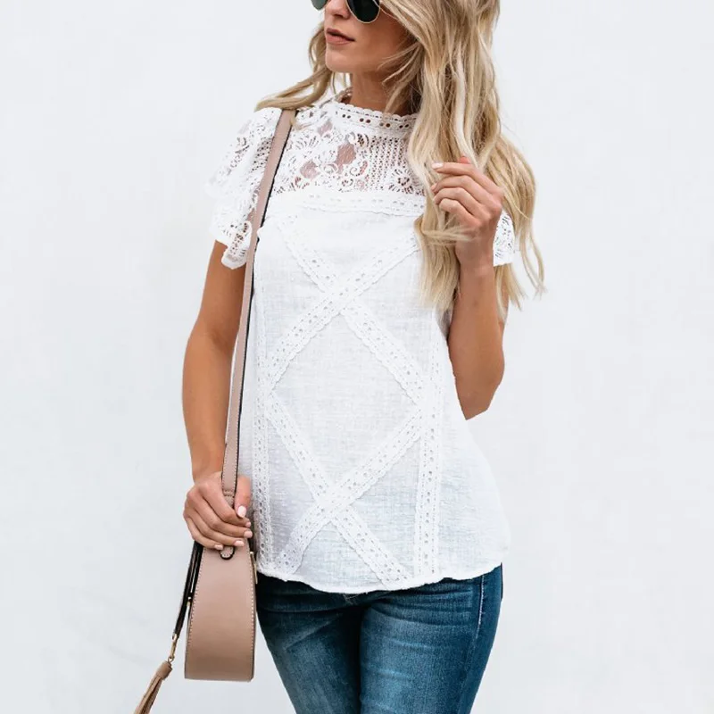 Винтажные топы блузка бохо рубашка с кружевом Женская водолазка короткими