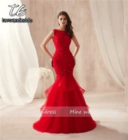 2021 sleeveless red mermaid ruffled skirt tulle prom dress lace sexy trumpet long party formal evening dress vestido formatura