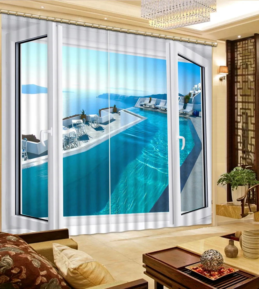 Синие занавески для фотографий 3D гостиной оконные с пейзажем|Занавески| |
