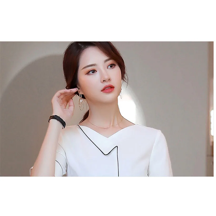 

Summer short Sleeve Blouse Women 2021 business Skew Collar white Shirt Slim Office Lady Blouses Basic Tops Tee Blusas S-4XL