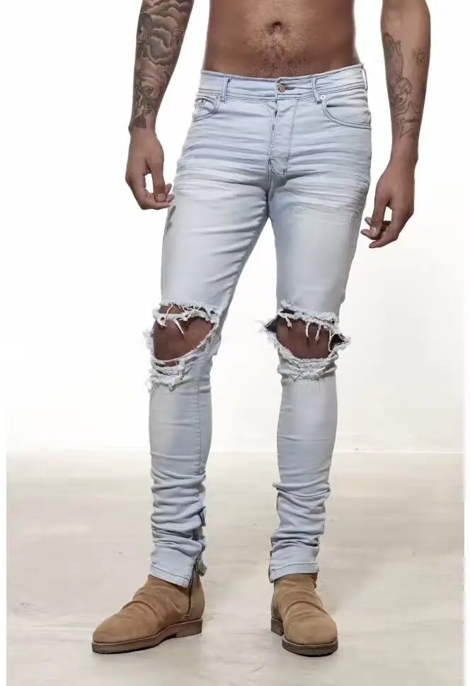 big hole high quality kanye west brand style zipper split mens hiphop biker ripped destroyed jeans slim fit skinny pants denim | Мужская