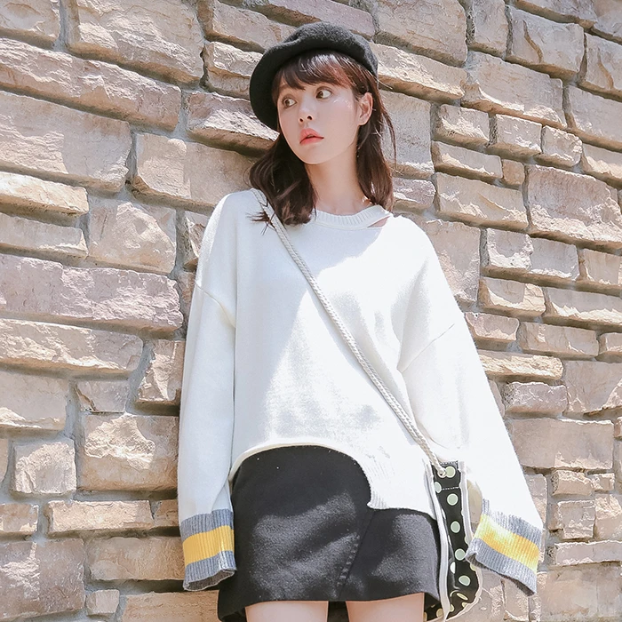 2019 Women's Casual Sweaters Kawaii Cute Ulzzang Contrast-cut Knit Sweater Female Korean Japanese Harajuku Clothing For Women | Женская