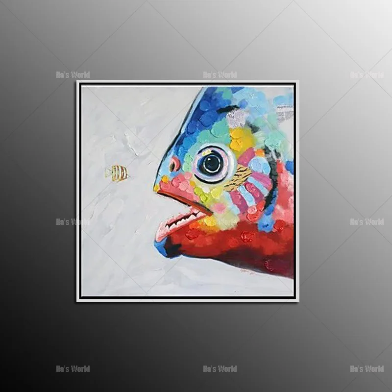 

Hand Painted Cartoon Oil Painting On Canvas Modern Abstract Animal Wall Art For Home Decoration Red Red Green Fish Picture