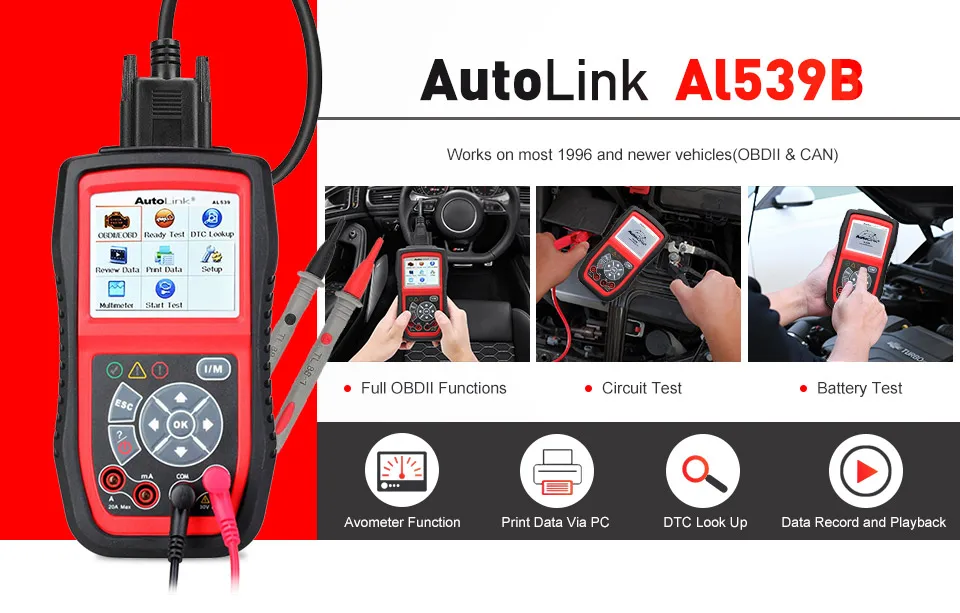 Устройство автосвязи мотеля AL539B батарея тестовый прибор OBD2 сканер Авто Код считыватель автомобильный диагностический инструмент Avometer испытание напряжения Cranking тест