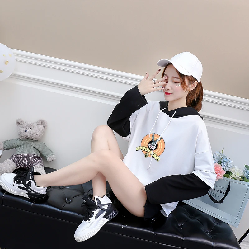 

Autumn Kawaii Cartoon Print T Shirt Women Long Sleeve Tops Tee Shirt Casual Harajuku Female Spell Color Stitching Hooded T-shirt