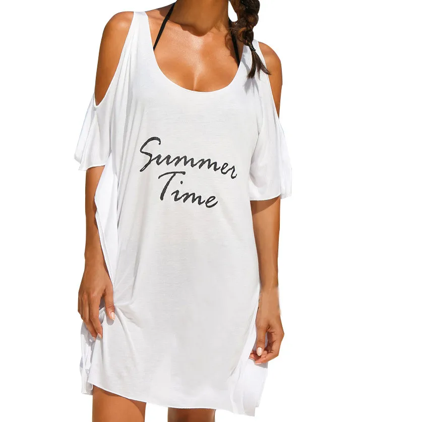 Женское пляжное платье с открытыми плечами летнее буквенным принтом женское