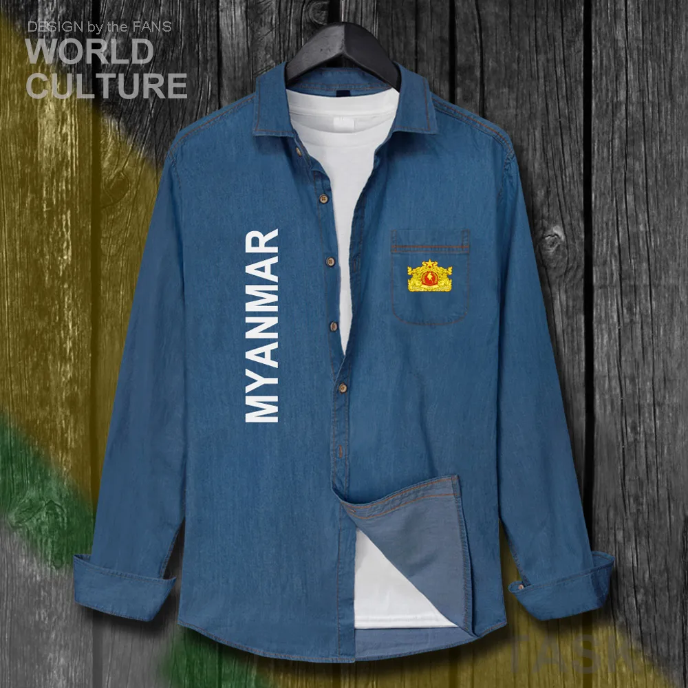 Myanmar Burmese Myanma MMR MM Burma Men Turn-down Collar Jeans Shirt Autumn Clothes Cotton Long Sleeve Cowboy Jacket Coat New 20 | Мужская