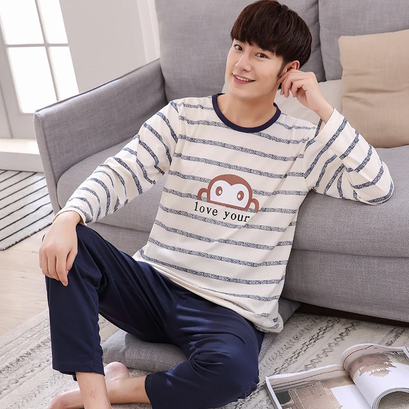 Cotton Pajama Men Пижамы для сна, мужские пижамы с длинными рукавами и круглым вырезом, одноцветная одежда для сна, пижамы для мужчин, зимняя Пижама для мужчин 4XL - Цвет: Cotton Pajama Men