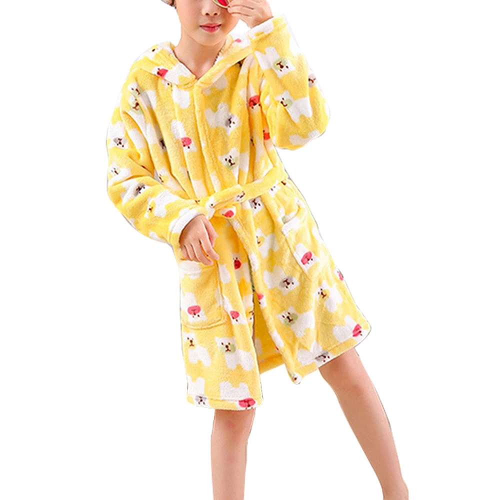 Yellow bear Детский банный халат с капюшоном для мальчиков и девочек; фланелевые пижамы с рукавами; одежда для сна с принтом «пряжка с животным»; сезон осень-зима; теплый домашний халат с карманами - Цвет: Yellow bear