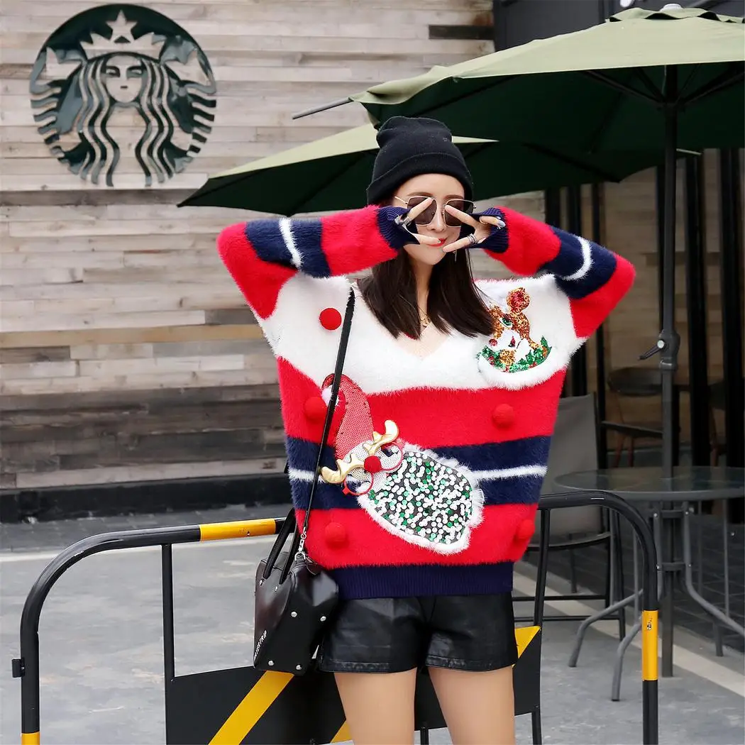 Deer Christmas Sweater Female 2018 Winter New Large Size Loose Long-sleeved V-neck Women Ugly Pullover | Женская одежда