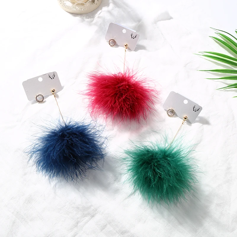 Colorful Feather Mink fur Pom Ball Earrings for Women Fashion Crystal Round Circle Long Chain Asymmetric Jewelry | Украшения и