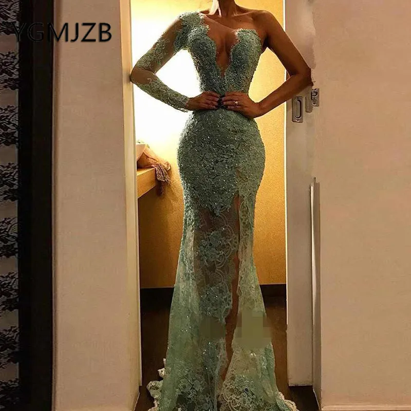

Sexy Lace Evening Dresses 2019 Long Mermaid One-shoulder Full Sleeve High Side Split Saudi Arabia Women Formal Party Prom Gown