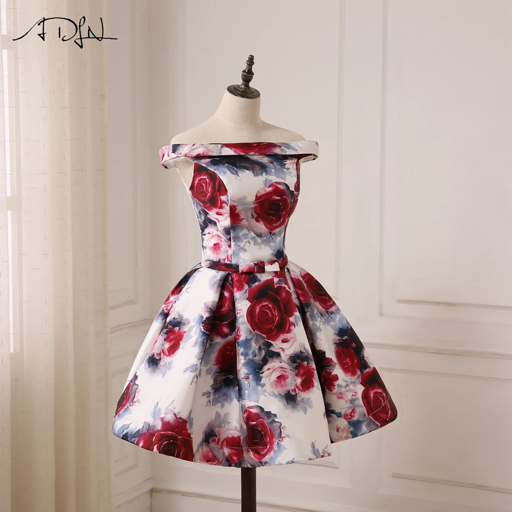 ADLN Cheap Off the Shoulder Floral Print Cocktail Dresses Lace-up Back A-line Mini Length Prom Party Gowns Custom Made | Свадьбы и