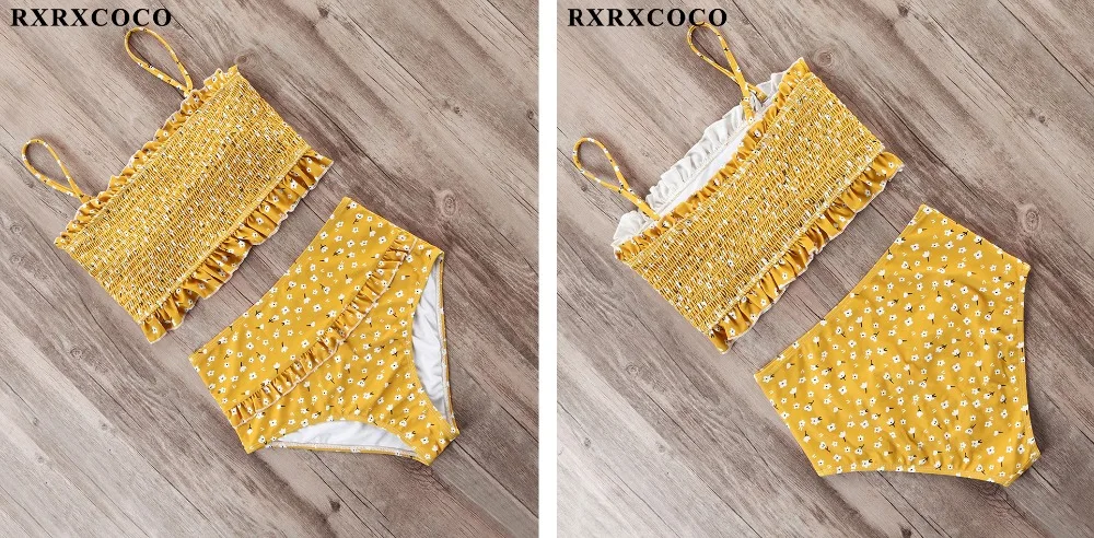 RXRXCOCO купальники для женщин купальник Smocking бикини с высокой талией набор бикини напечатан летний купальник с рюшами пляжная одежда