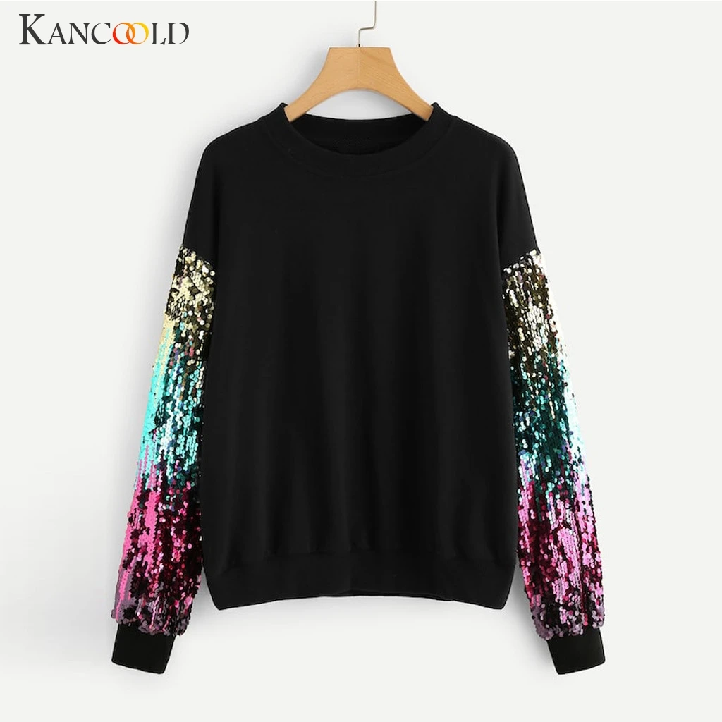 KANCOOLD top T-shirt Fashion Women girl Casual Long Sleeve Sequin T-shirt O-Neck Pullover Patchwork new top femme 2018dec25