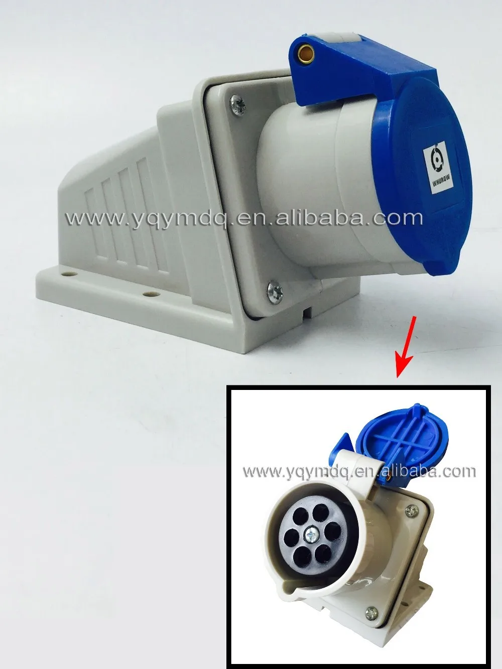 Industrial plug and socket 16A 6 pins plastic panel connector IP44 cable protected male and female surface sloping mounted