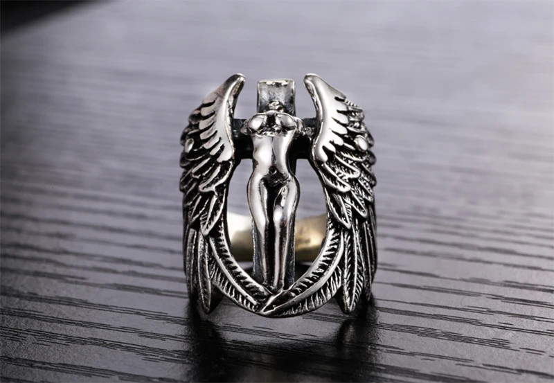 925 Sterling Silver Angel Wings Ring for Men Women Elegant Angle Modeling Thai Vintage Retro Charm Jewelry for Christian Holy