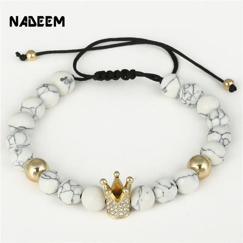 NADEEM новый модный микро проложить CZ браслет с шармом короной Белый Howlite камень