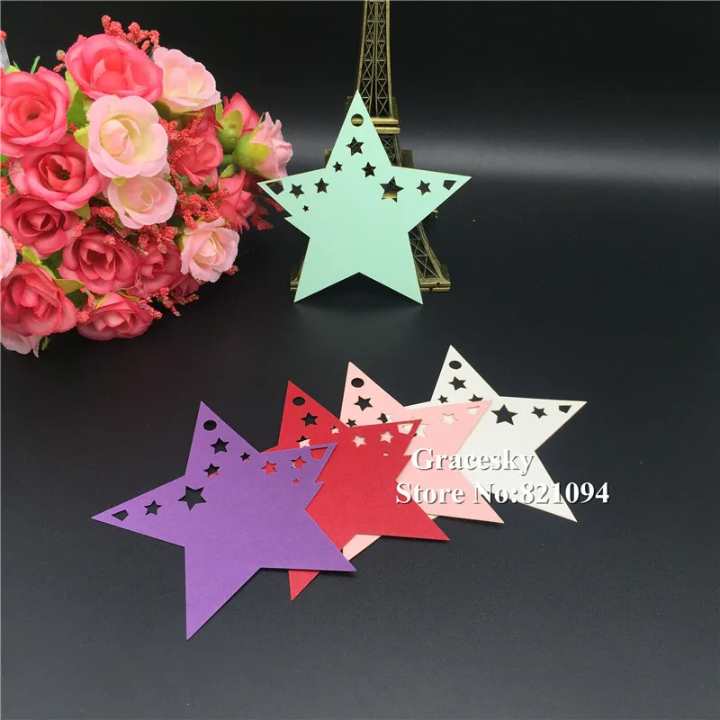 

60Ppcs free shipping Pearl Paper Laser Cut Star design Wish Card Price Hang Tag Name Card Wedding Favors Party Decoration