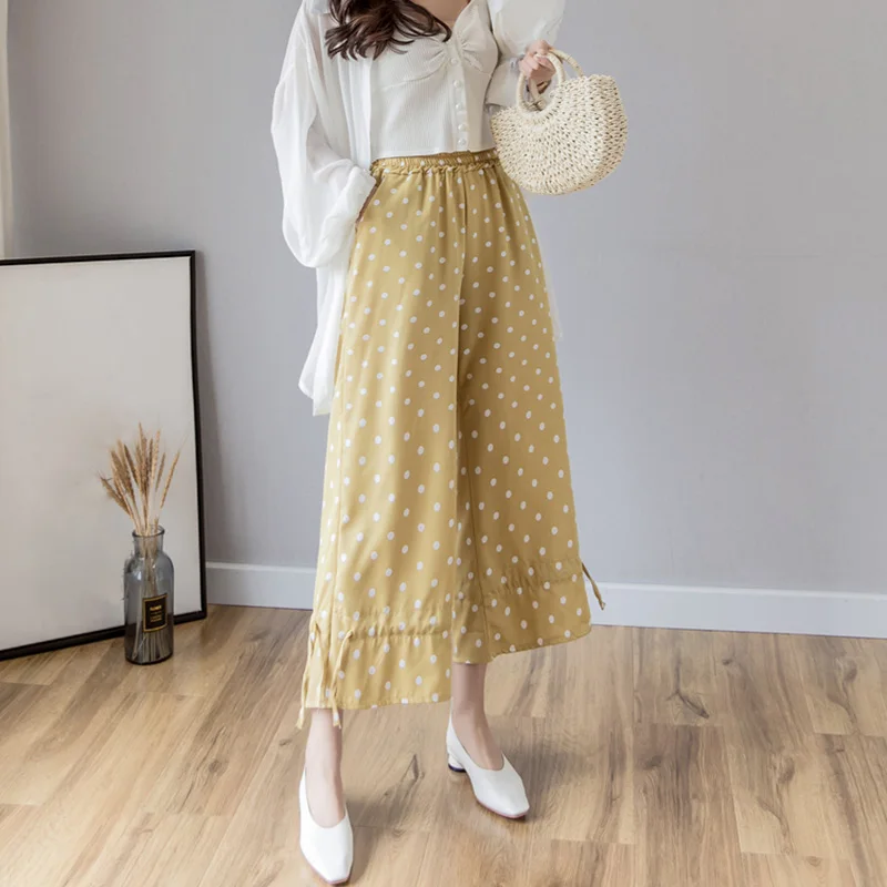 

Chic Dot Calf-length Pants Women 2019 Summer Korean Chiffon Wide Leg Pants Fashion Casual Ladies Loose Lace Up Ruffles Pants