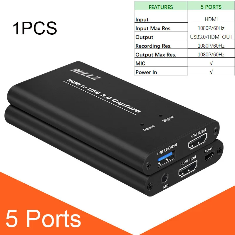 Black 5 Port USB3.0 HDMI 4K 1080P 60FPS видео Захват карты игра Запись рекордер коробка USB 3,0 PC потоковое видео поток трансляции микрофона опция - Цвет: Black 5 Port