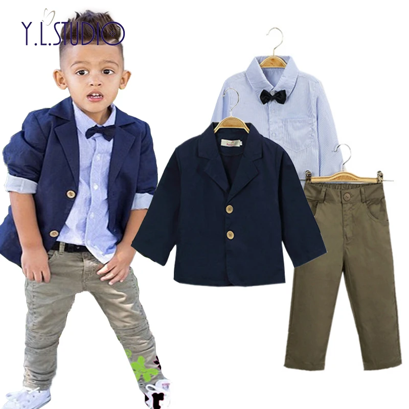 

Formal Boy's 3pcs Fitted Set in Cotton 1pc Stripes Blouse 1pc Coat Front Opening with Button 1pc Long Pant Euro/American Styling