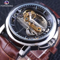 forsining mechanical wrist watch mens automatic self wind watch waterproof openwork clock brown genuine leather sport watches