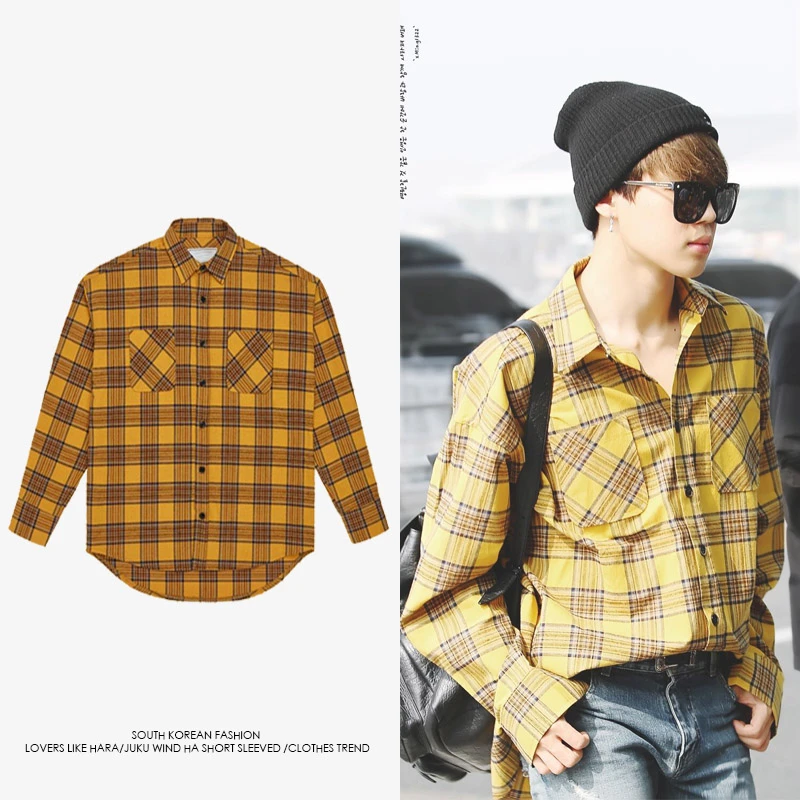 Men Shirt Kpop Plaid Cusual Shirts Autumn Jimin Same Styel camisas hombre masculina manga larga | Мужская одежда
