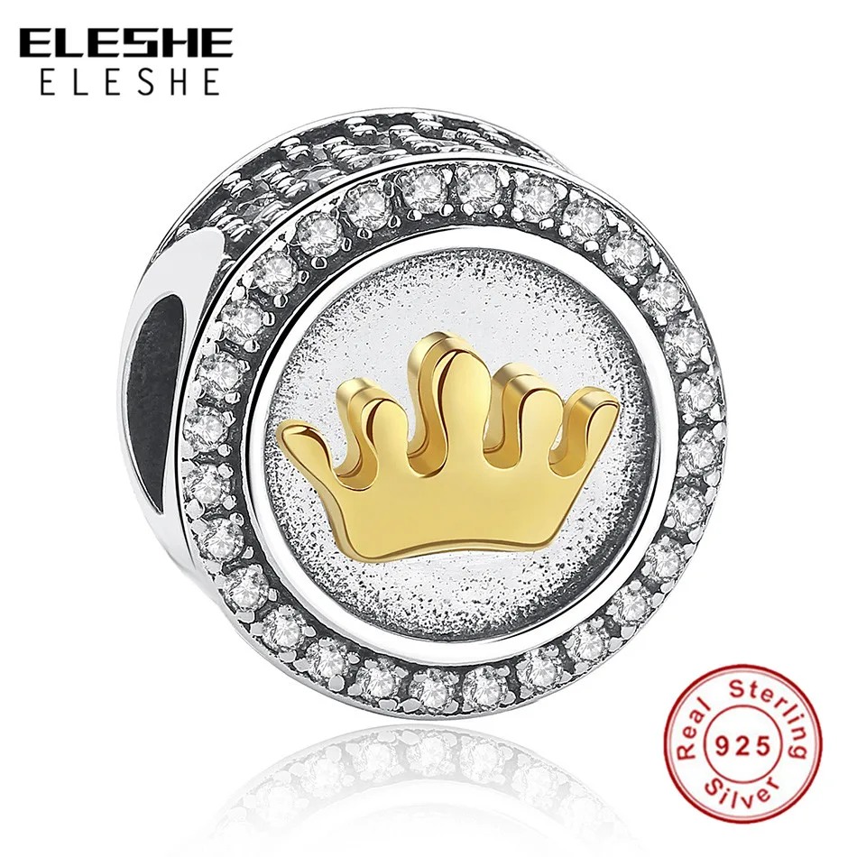 Подходит для аутентичного ELESHE, браслет, серебряные подвески, 925, Европейский золотой цвет, форма короны, кристалл шармы бусины, сделай сам, ювелирное изделие, подарок