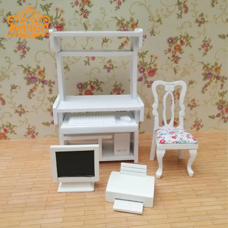 

1:12 Dollhouse mini furniture model office desk full set of computer tables and swivel wood