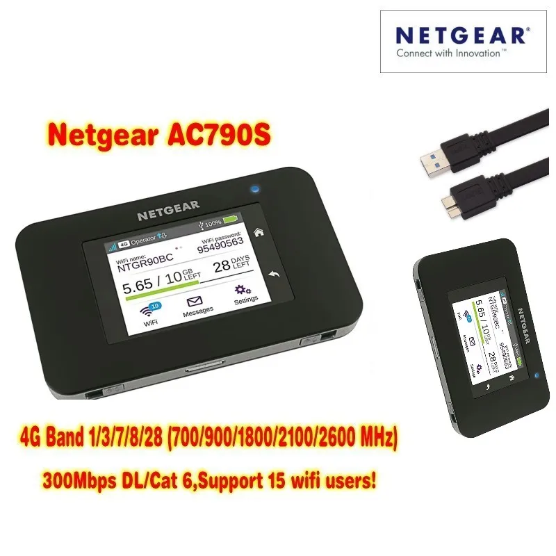 Lot of 10pcs original packag netger AC790S 4g cat6 300 mbps mobile touch screen router (plus antenna)
