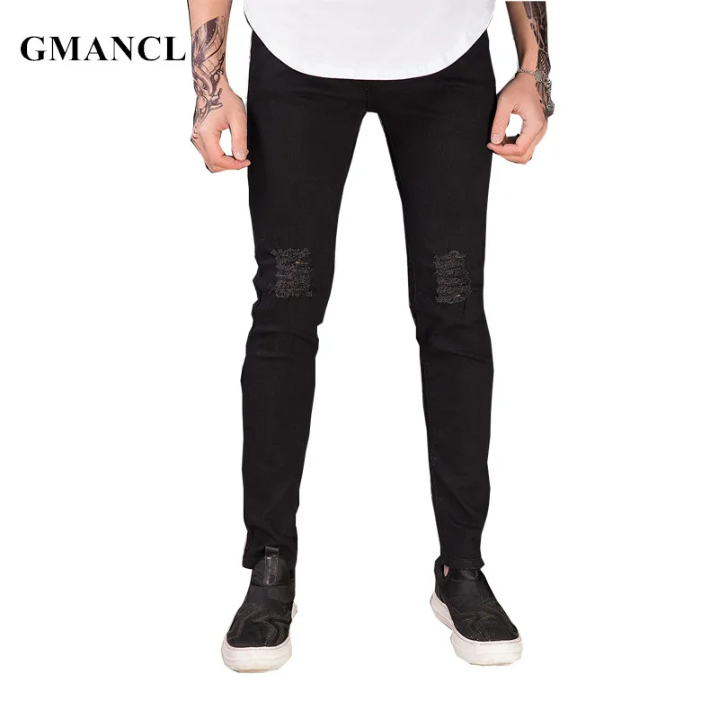 Мужские рваные джинсы GMANCL черные зауженные в стиле хип хоп повседневные штаны
