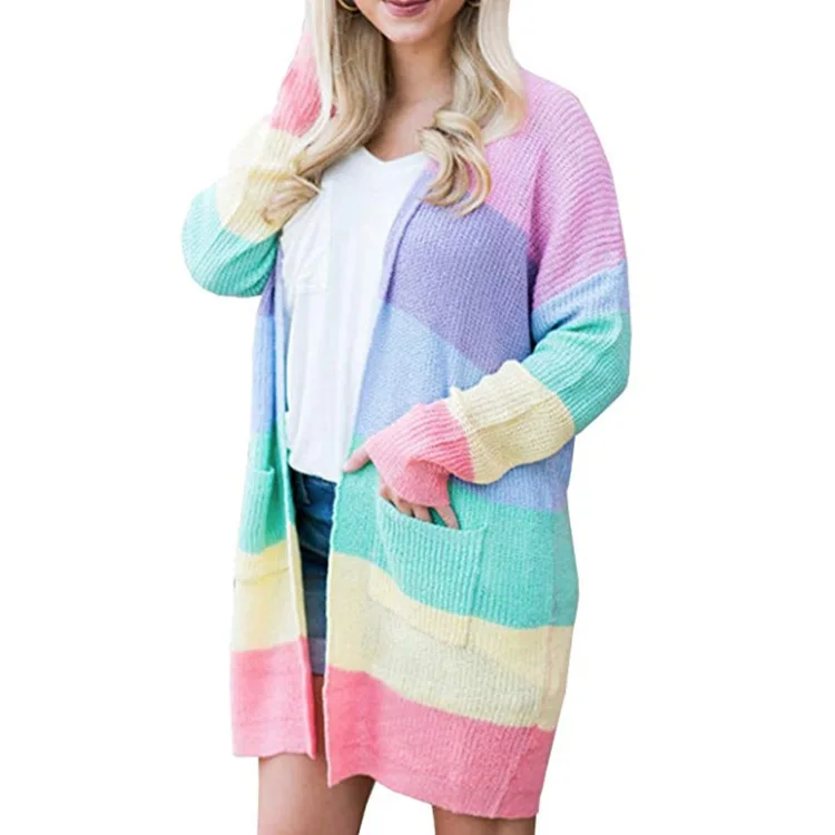 Colour Rainbow Striped Knitted Cardigan Women For Autumn 2020 Winter Long Sleeve Tops Designer Sweater |