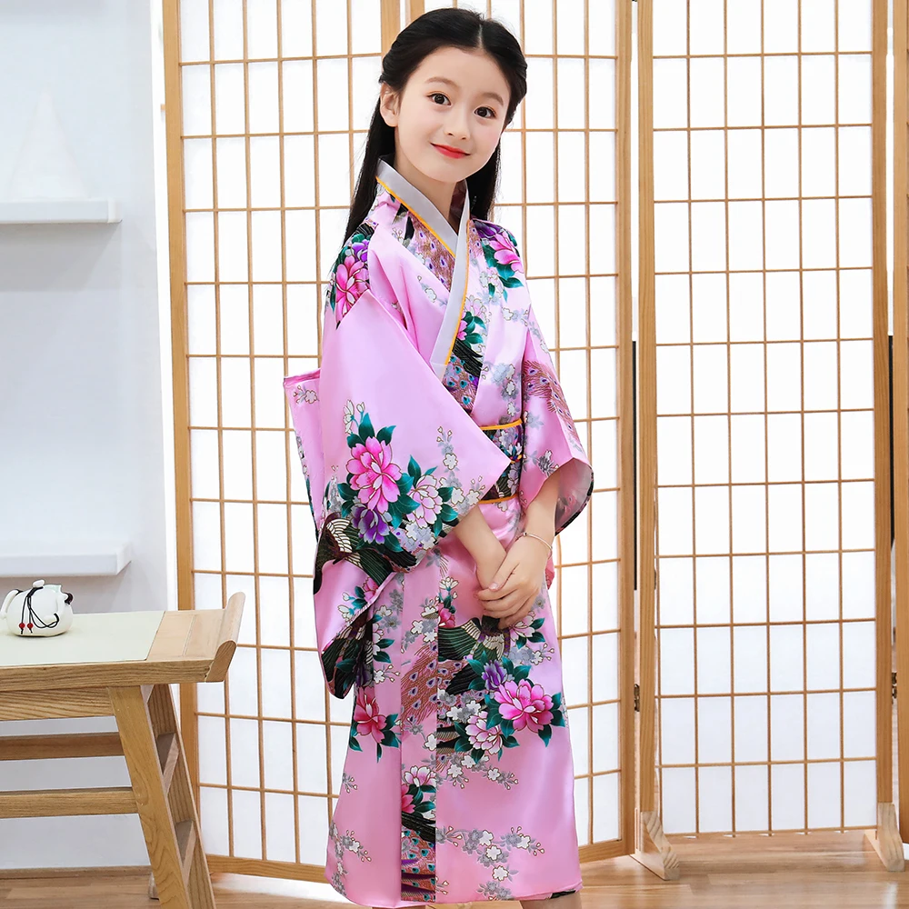 

Халат-кимоно для девочек в винтажном стиле, традиционное японское платье-халат с павлином, повседневный юката с Оби, костюм для косплея, роз...