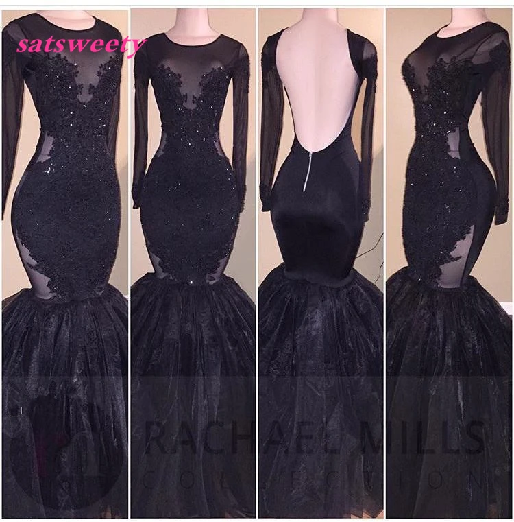 

Sexy Black Mermaid Bridesmaid Dresses 2021 Sheer Neck with Vintage Lace Court Train Backless Pageant Party Gown Prom Dress