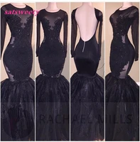 sexy black mermaid bridesmaid dresses 2022 sheer neck with vintage lace court train backless pageant party gown prom dress