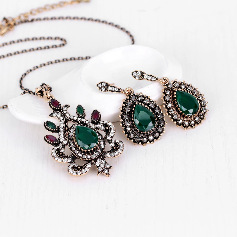 Classic Style Turkish Vintage Jewelry Sets Necklace &amp Earrings Sculpture Flowers 4 Colors Resin Crystal Anti Gold tassels | Украшения и