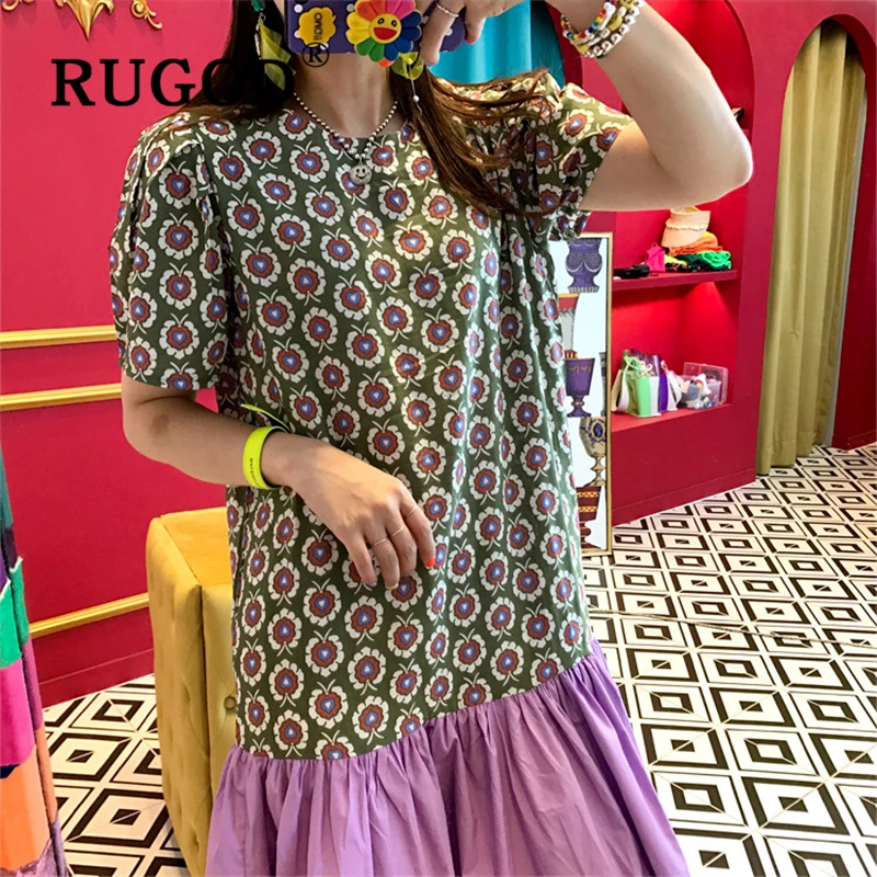 Женское платье с геометрическим принтом RUGOD летнее в Корейском стиле оборками и